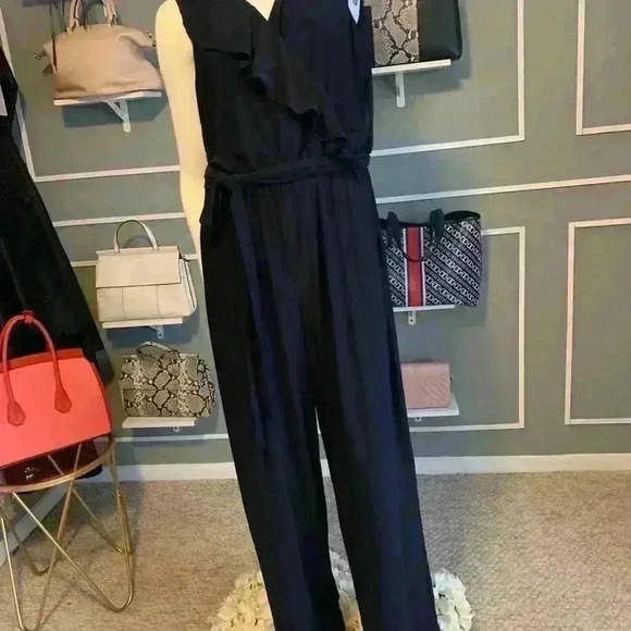 Emma &amp; Michele Ruffled Peplum Jumpsuit Sleeveless Navy Blue Sz Large.  B16 - Picture 8 of 9